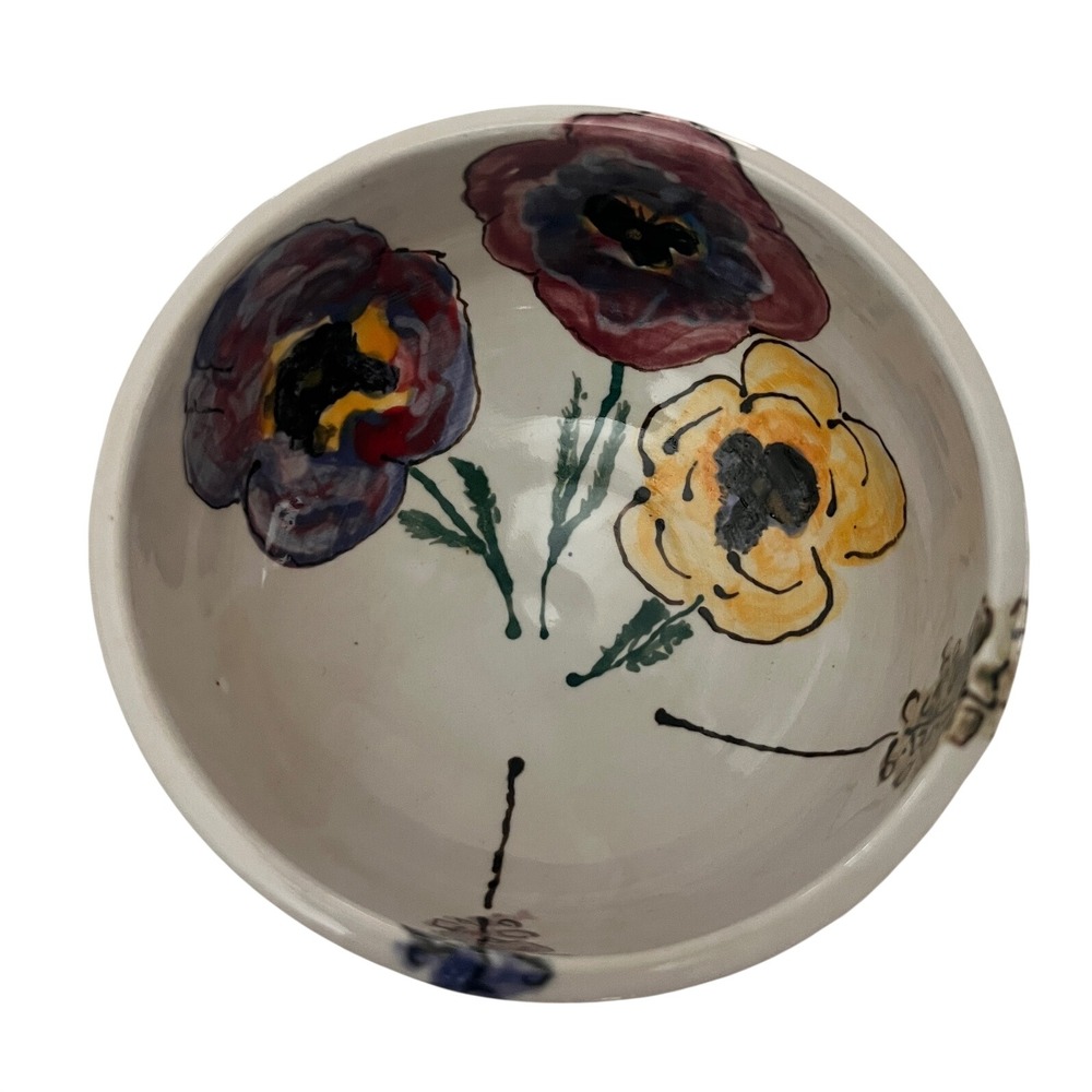 Gabrielle Signed Hand Painted Ceramic Floral Bowl Pansies Multi Color Pottery